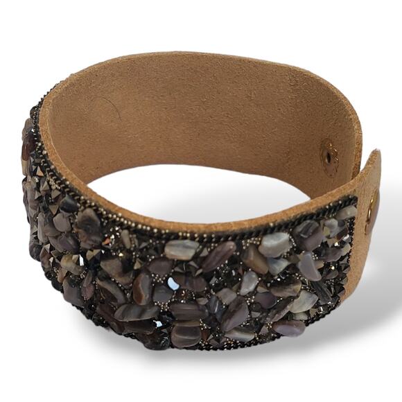 New Tan Suede Leather Tumbled Stone and Hematite Bracelet 7" - Picture 6 of 8